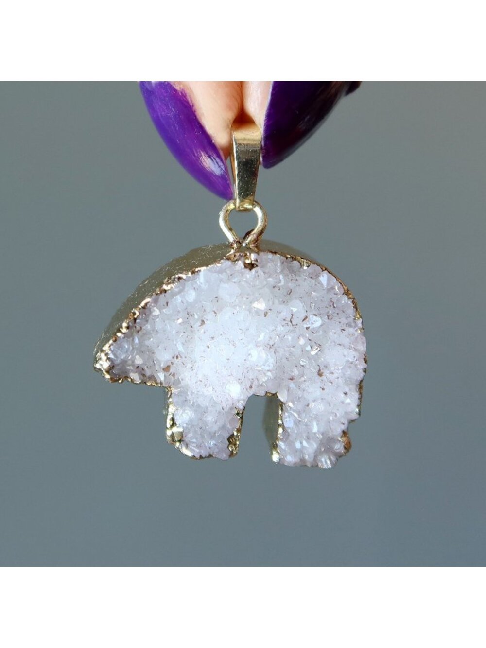 Druzy Quartz Pendant Polar Bear Animal Gold Charm White Crystal Gemstone